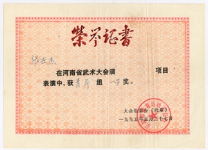 1995年获得河南省武术大会少林拳项目一等奖