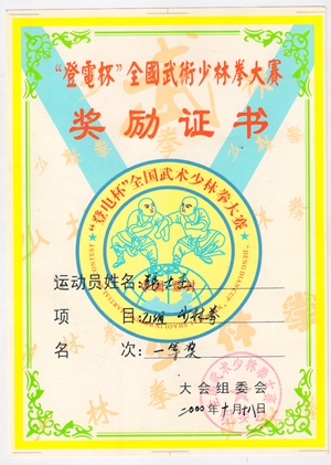 2000年“登電杯”全国武术少林拳大赛少林拳项目一等奖